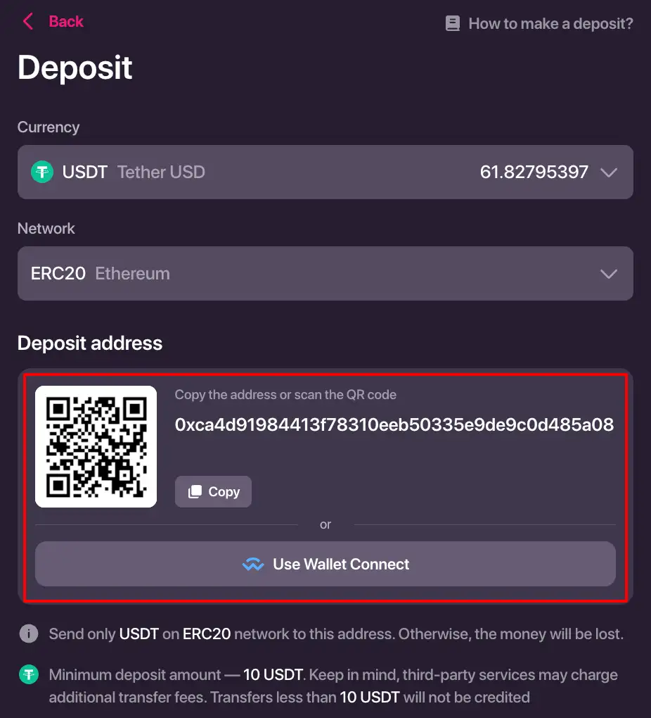 Finestra di deposito CHEXX con scelta di criptovaluta e rete